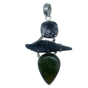 Black Rutilated Quartz, Black Kyanite and Green Jasper Pendant